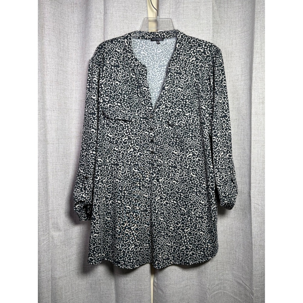 Ava & Grace Woman Animal Print Tunic Top Black White 2X Long Sleeve Roll Tab